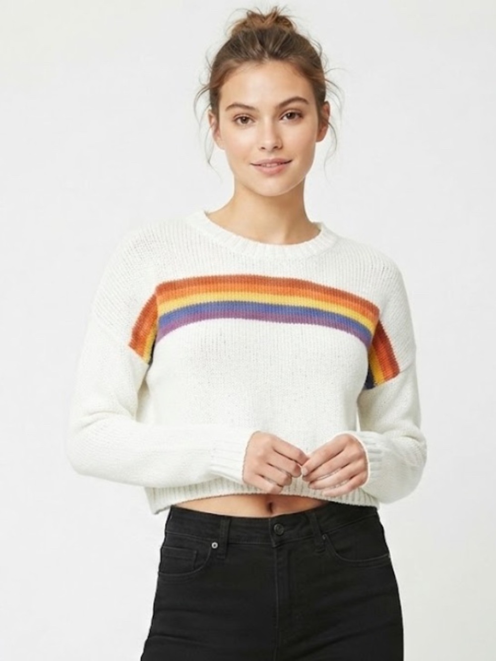Forever 21 Cream Knit Crop Sweater w/ Rainbow Stripe, Long Sleeve, Size S